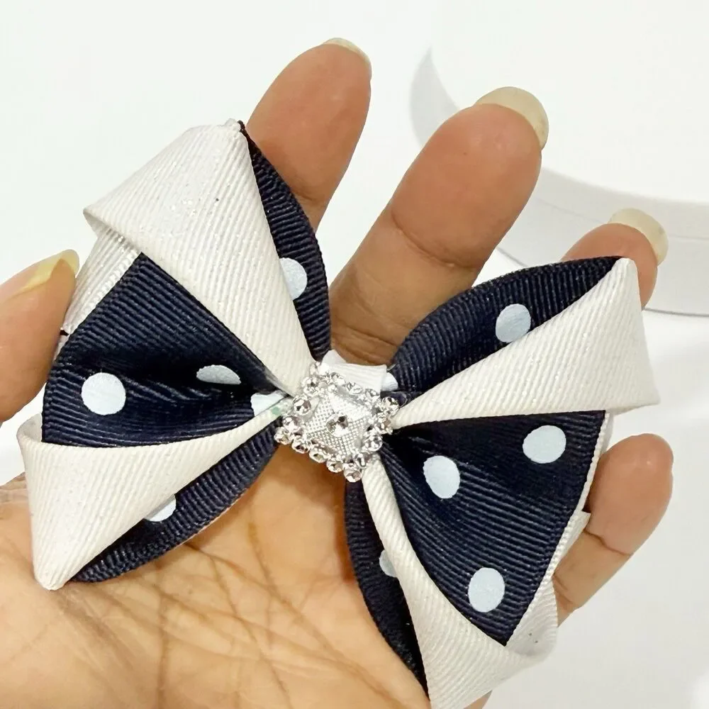 Hair Bow Clip Hairpin For Girls White And Blue Polka Dot New
